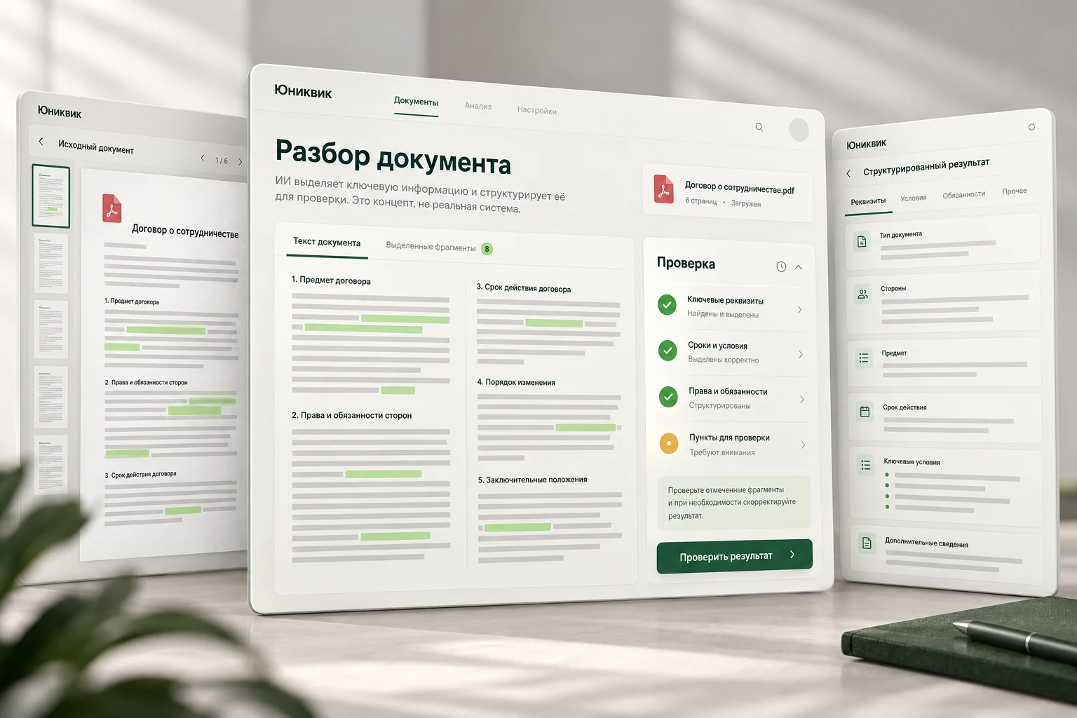 Концепция интерфейса ИИ-разбора документа: источник, выделенные сведения и проверка человеком